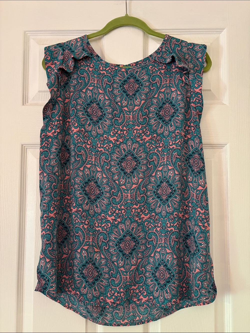 LOFT Teal and Pink Paisley Flutter-Sleeve Tank - Picture 1 of 11